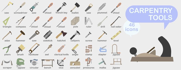 Vector 木工道具アイコンのコレクション タイトル付きの木工道具の鮮やかな色のアイコン