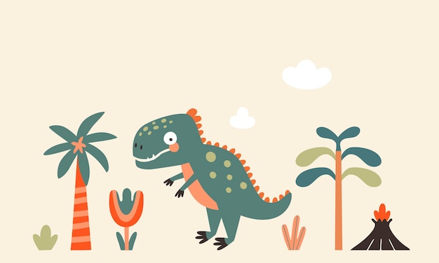 Collection of cartoon animal dinosaurs and plants in doodle style