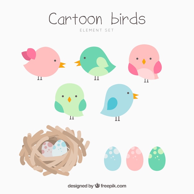 Vector collection of cartoon birds and nests
