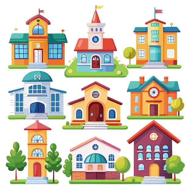Vector collection of cartoon buildings including school church town hall and library