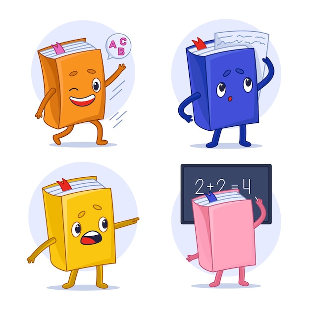 Collection of cartoon colorful book characters studying