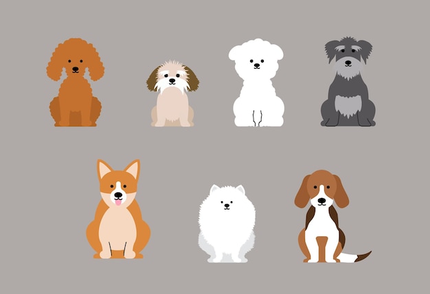 collection of cartoon dogs and puppies in various breeds