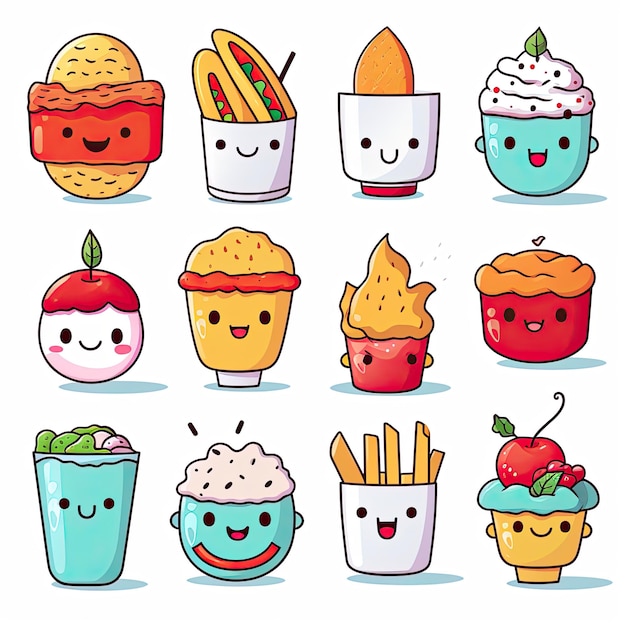 collection of cartoon food characters cute simple on white background generative ai
