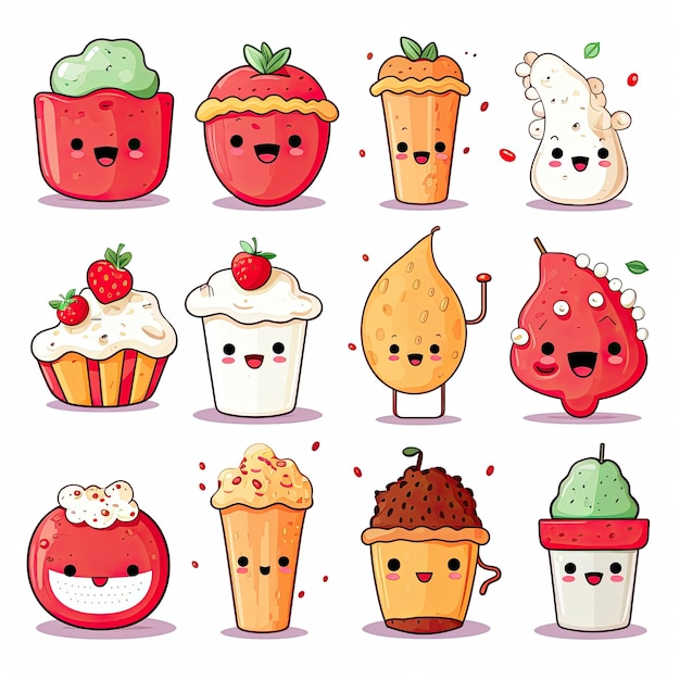 collection of cartoon food characters cute simple on white background generative ai