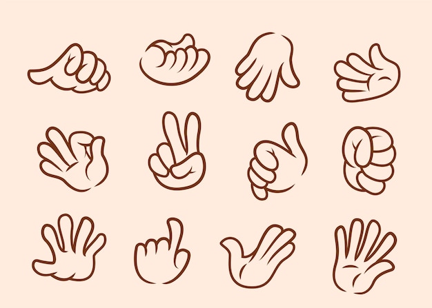 Collection of cartoon hands outline with gloves in different poses for mascot