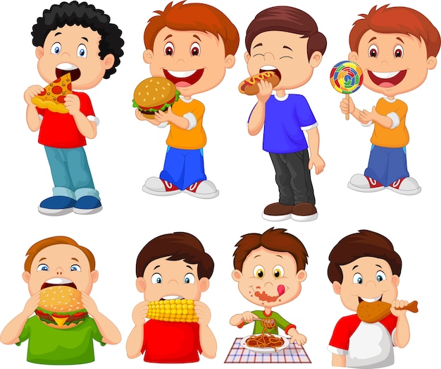 Collection of cartoon little boy eating fast food