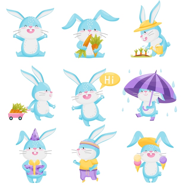Collection of cartoon rabbits on white background
