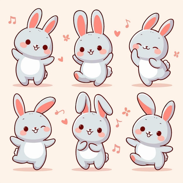 Vector a collection of cartoon rabbits with music notes and hearts