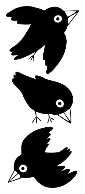 Collection of cartoon ravens. Cute birds set. Hand drawn graphic vector illustration. Simple flat drawings isolated in white. Elements for design.
