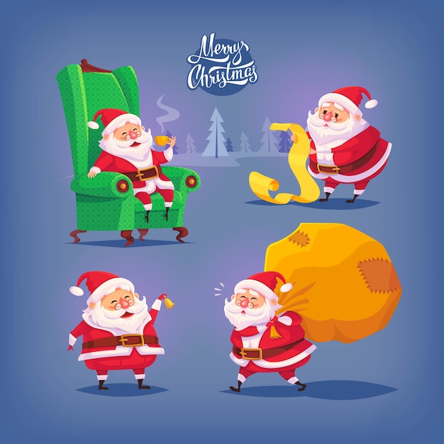 Collection of cartoon  Santa Claus icons. Christmas illustration.