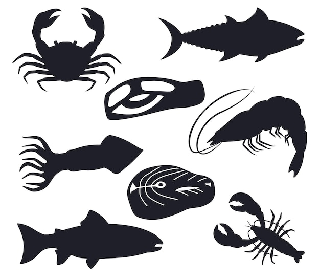 Collection of cartoon seafood-fresh fish lobster isolated-vectors silhouettes