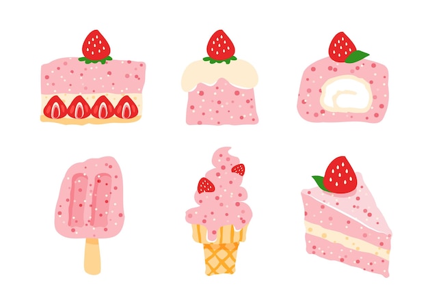 collection of cartoon strawberry cake ice cream doodles