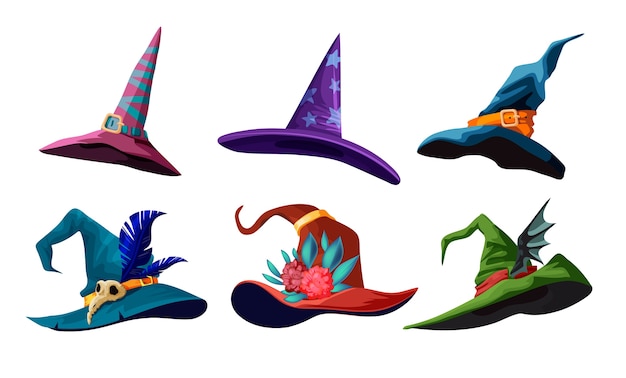 Collezione di cappelli da strega dei cartoni animati per il vostro disegno di halloween. illustrazione con diversi tipi di cappelli magici.