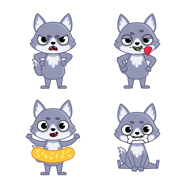 Collection of cartoon wolf character getting angry, holding bone and rose in teeth