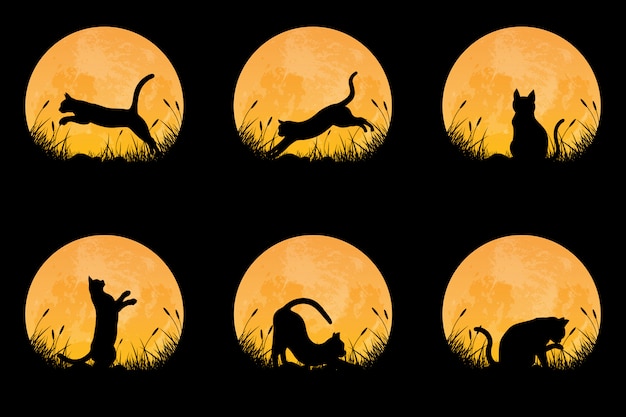 Collection of cat silhouette in different posture on grass field with full moon background