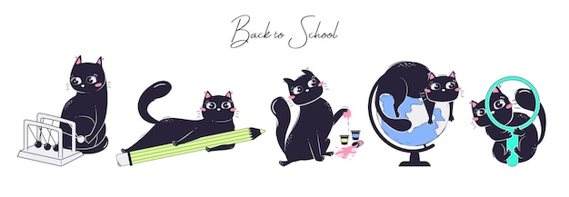 Collection of cats with school items in flat style The concept of animals returning to school