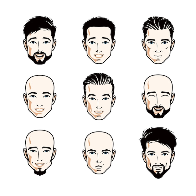 Vector collection of caucasian men faces expressing different emotions, vector human head illustrations.