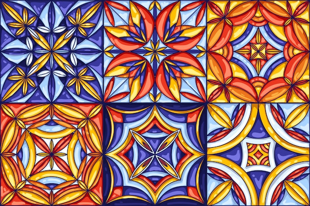 Collezione di pattern di piastrelle di ceramica. sfondo astratto decorativo. talavera messicana decorata tradizionale, azulejo portoghese o maiolica spagnola. senza soluzione di continuità.