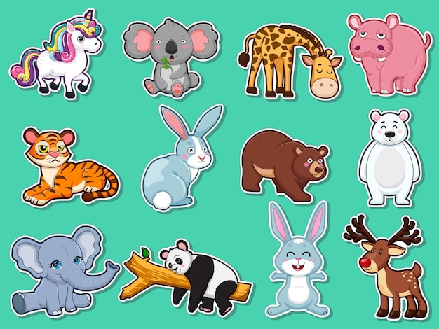 Collection character cute animals Stickers. Animal cartoon flat style. Vector illustration design template. Farm animals, wild animals, water animal