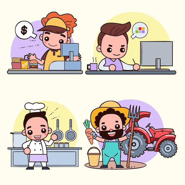 Collection of characters from various occupation young man working in cashier graphic designer chef and farmer professions in cartoon style hand drawn vector design illustrations