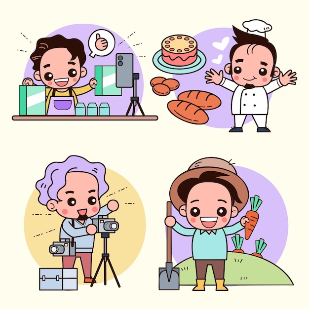 Collection of characters from various Occupation Young man working in chef farmer photographer and blogger professions in cartoon style hand drawn vector design illustrations