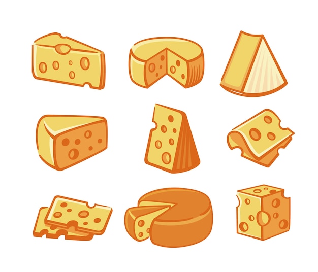 Collection of cheese pieces and slices.