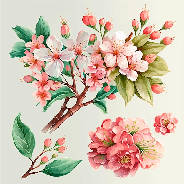 Vector collection of cherry blossom flowers and branches in vector watercolor style. women's day