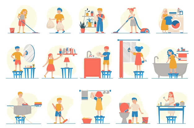 Collection of children doing housework