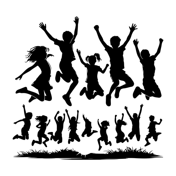 Collection of children jumping in the air silhouette vector illustration