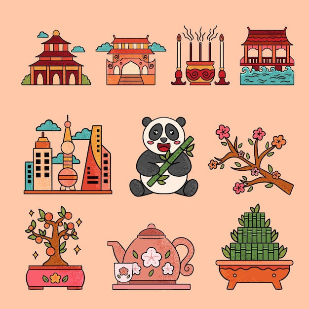 Collection of chinese culture hand drawn illustration