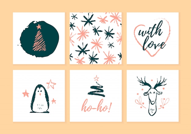 Collection of christmas cards, gift tags and badges isolated on light background. emblems for xmas holiday presents packaging in hand drawn sketch style. penguin, deer, fir tree, pattern.