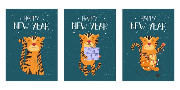 collection of christmas cards with cute tigers vector illustration