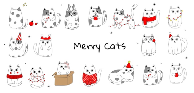 크리스마스 고양이 컬렉션입니다. 액세서리가 있는 귀여운 고양이의 메리 크리스마스 삽화.