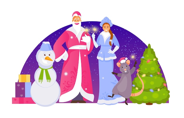 Collection of Christmas characters Russian Santa Claus snow maiden snowman and rat