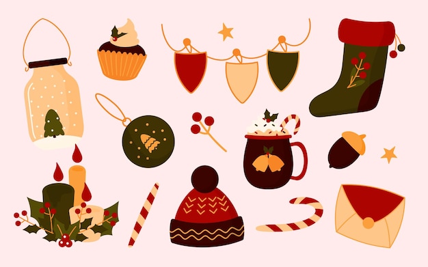 Vector collection of christmas elements in flat style.santa boot, hat, fir-tree in jar, flag, cup.