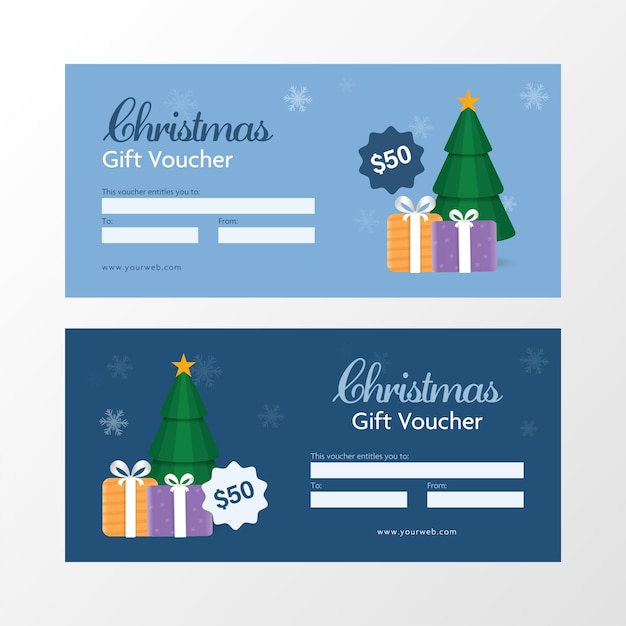 Collection Of Christmas Gift Voucher Banner Layout With Paper Xmas Tree, Gift Boxes In Blue Color.