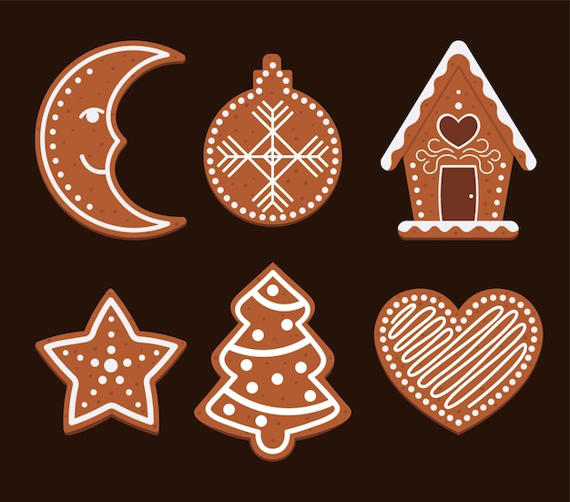 クリスマス ジンジャーブレッド クッキーのコレクション ベクトル フラット スタイルのイラスト