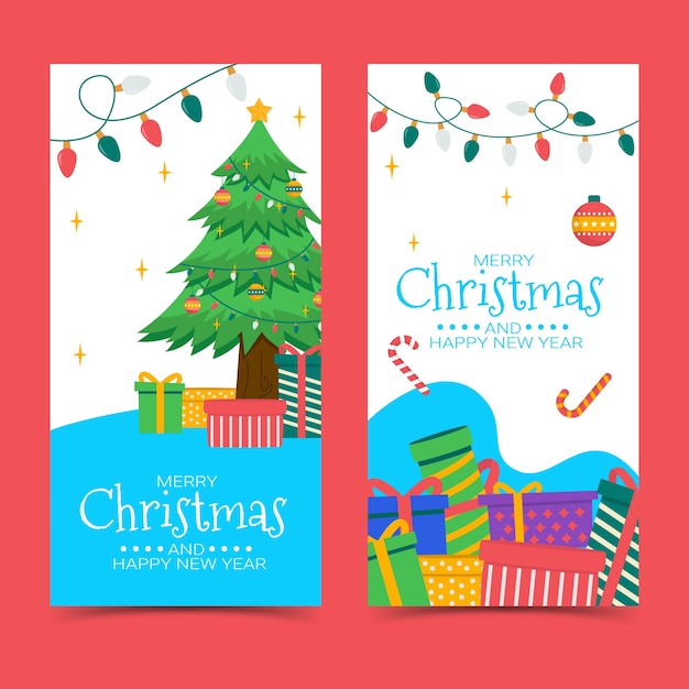 Collection of christmas greeting card illustration design with gift box and christmas tree