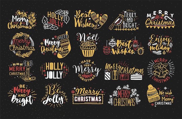 Collection of christmas handwritten lettering with hand drawn holiday decorations. festive colorful vector inscriptions on dark background.