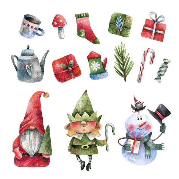 Vector collection of christmas illustrations, fairy tale characters, gifts, sweets, winter things. gnomes,