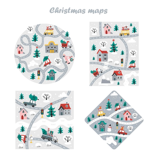 Collection of Christmas maps of the area with cars houses and Christmas trees