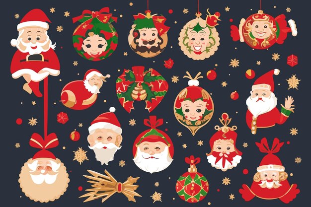 a collection of christmas ornaments and film character on a dark background.