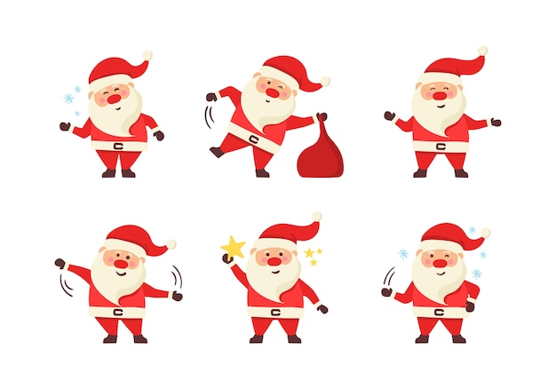 Collection of Christmas Santa Claus. Set of funny cartoon characters with different emotions and New Year items. Set of cartoon Christmas s isolated on white background.