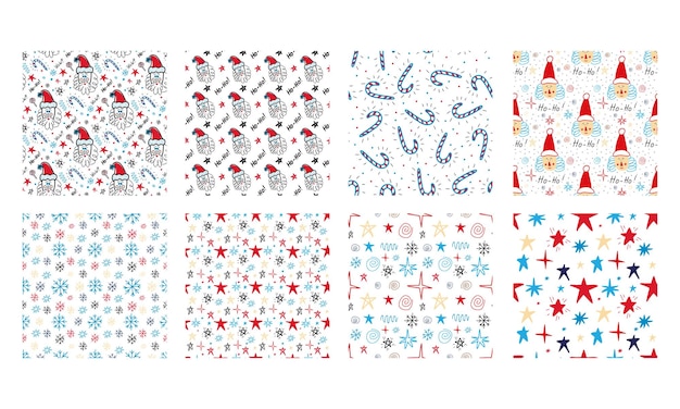 Collection of Christmas seamless patterns in the style of doodle