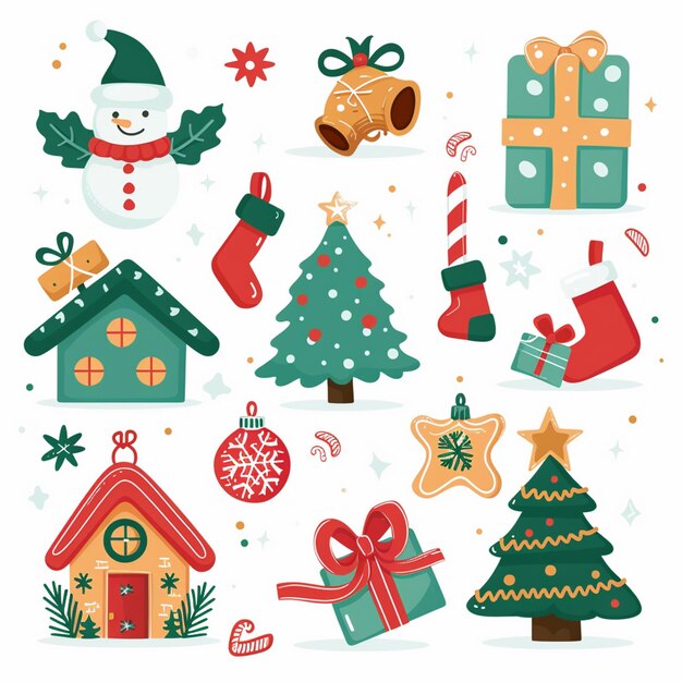 Vector a collection of christmas trees including a snowman and a snowman