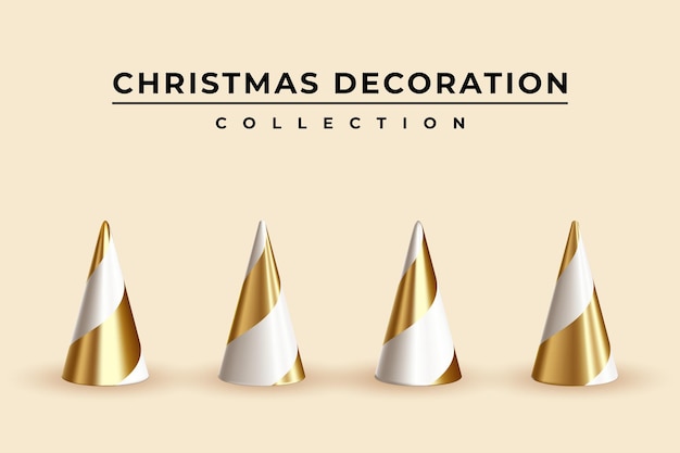 Collezione di alberi di natale dal design realistico 3d moderno in oro e bianco