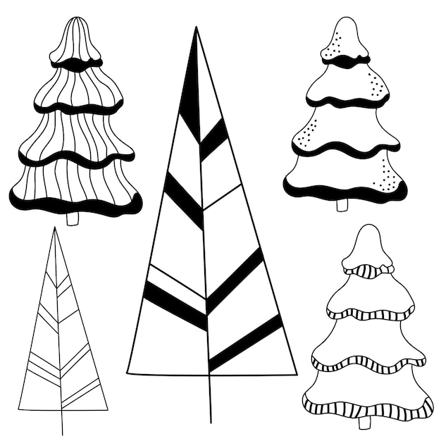 Collection Christmas trees Vector illustration outline Linear graphic drawing