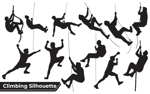 Collection of Climbing in mountains silhouettes in different poses