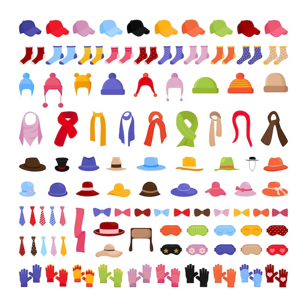 Collection of clothes and accessories - hats, scarves, gloves.