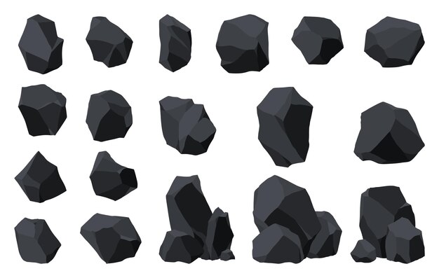 Vector collection of coal black mineral resources pieces of fossil stone polygonal shapes set black rock stones of graphite or charcoal energy resource charcoal icons